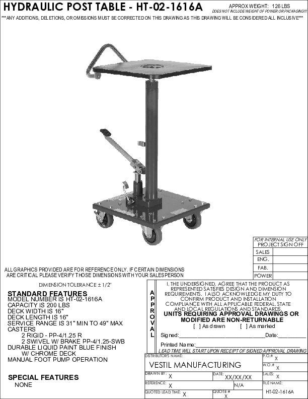 Hydraulic Post Table 16 In. x 16 In. 200 Lb. Capacity Blue