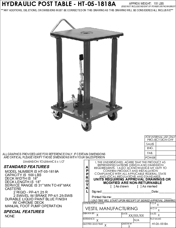 Hydraulic Post Table 18 In. x 18 In. 500 LB Capacity Blue