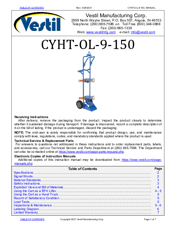 Cylinder Tilt Back Hand TRK Overhead Lift 150 #