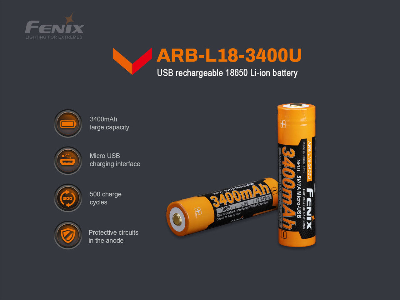 3400mAh Rechargeable 18650 Battery With Micro-Usb port