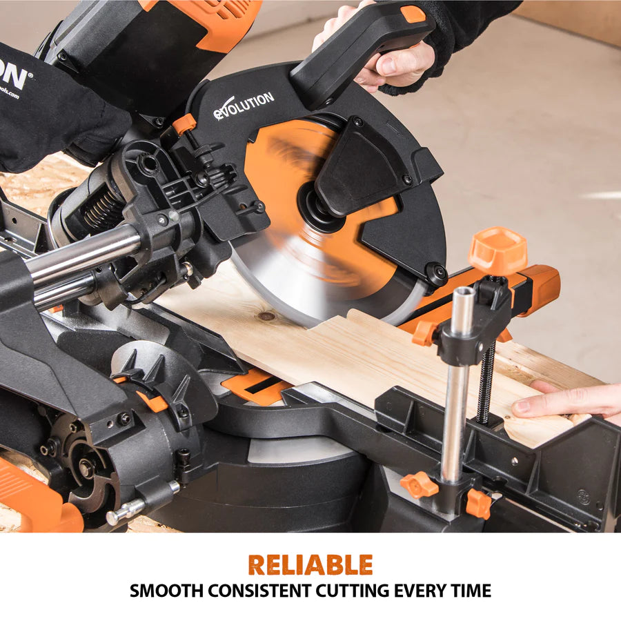 Evolution R255SMS-DB+: Dual Bevel Sliding Miter Saw With 10 In. Multi-Material Cutting Blade