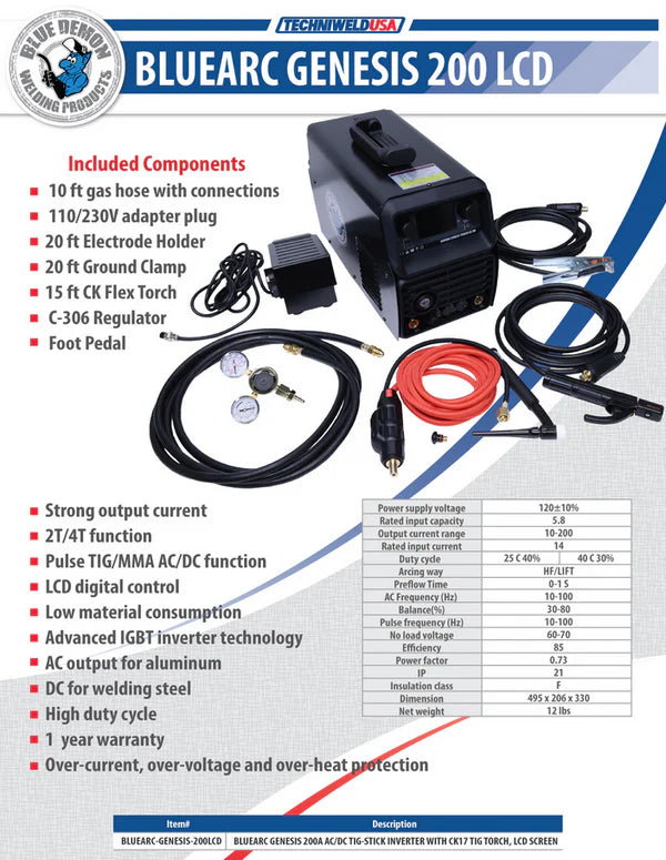 BLUEARC GENESIS 200A AC/DC TIG-STICK INVERTER WITH CK17 TIG TORCH, LCD SCREEN