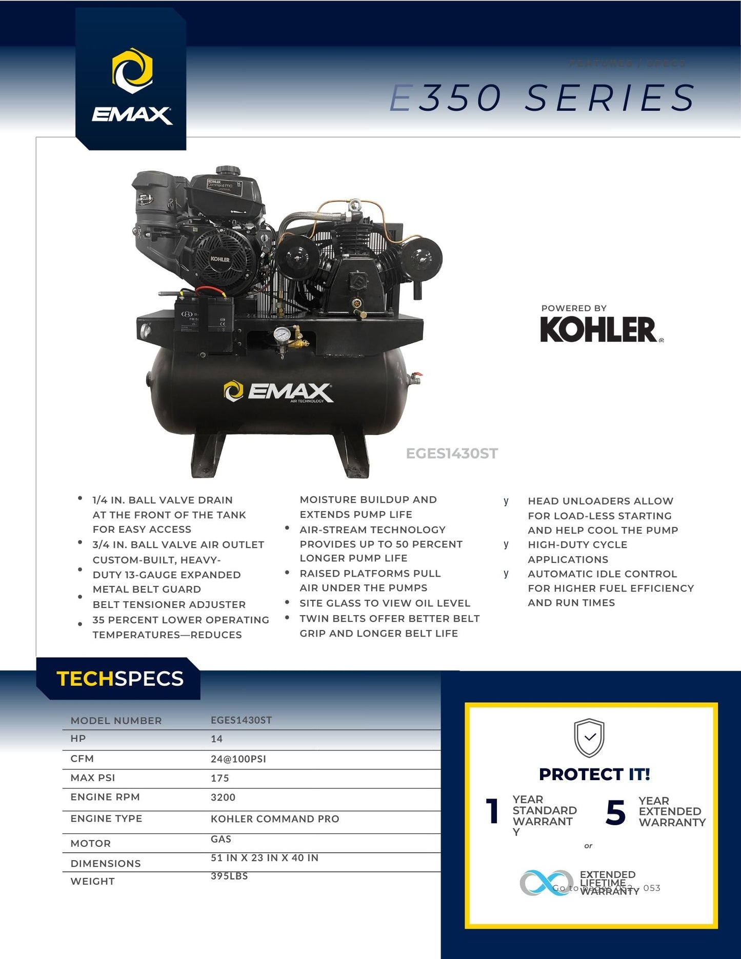EMAX 14-HP 30-Gallon Two-Stage Truck Mount Air Compressor w/ Electric Start Kohler Engine