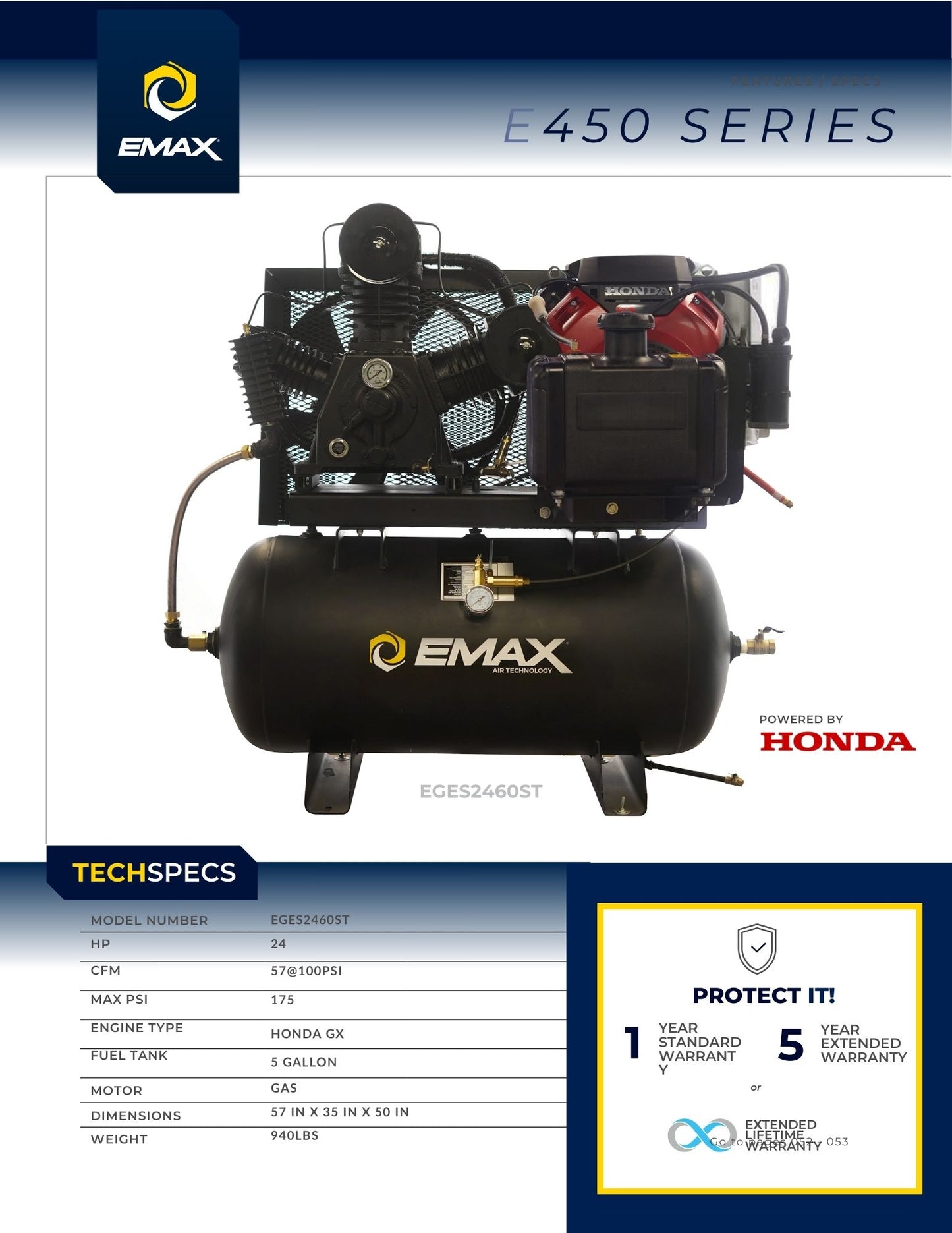 EMAX Honda GX Gas Driven w/Elec. Start 24HP V4 57CFM 60 gal. Truck Mount Stationary Air Compressor