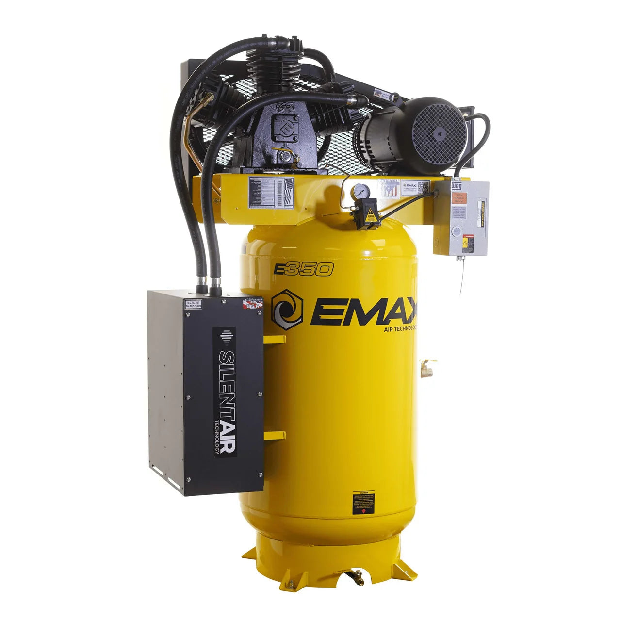 EMAX Silent Air Industrial 7.5HP 3CYL MAX FLO Two Stage 1Ph 33 CFM @100PSI 80 Gallon