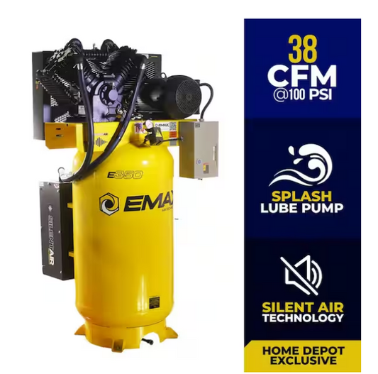 EMAX Silent Air Industrial 10HP V4 Two Stage 1Ph 38CFM 80 Gallon Air Compressor