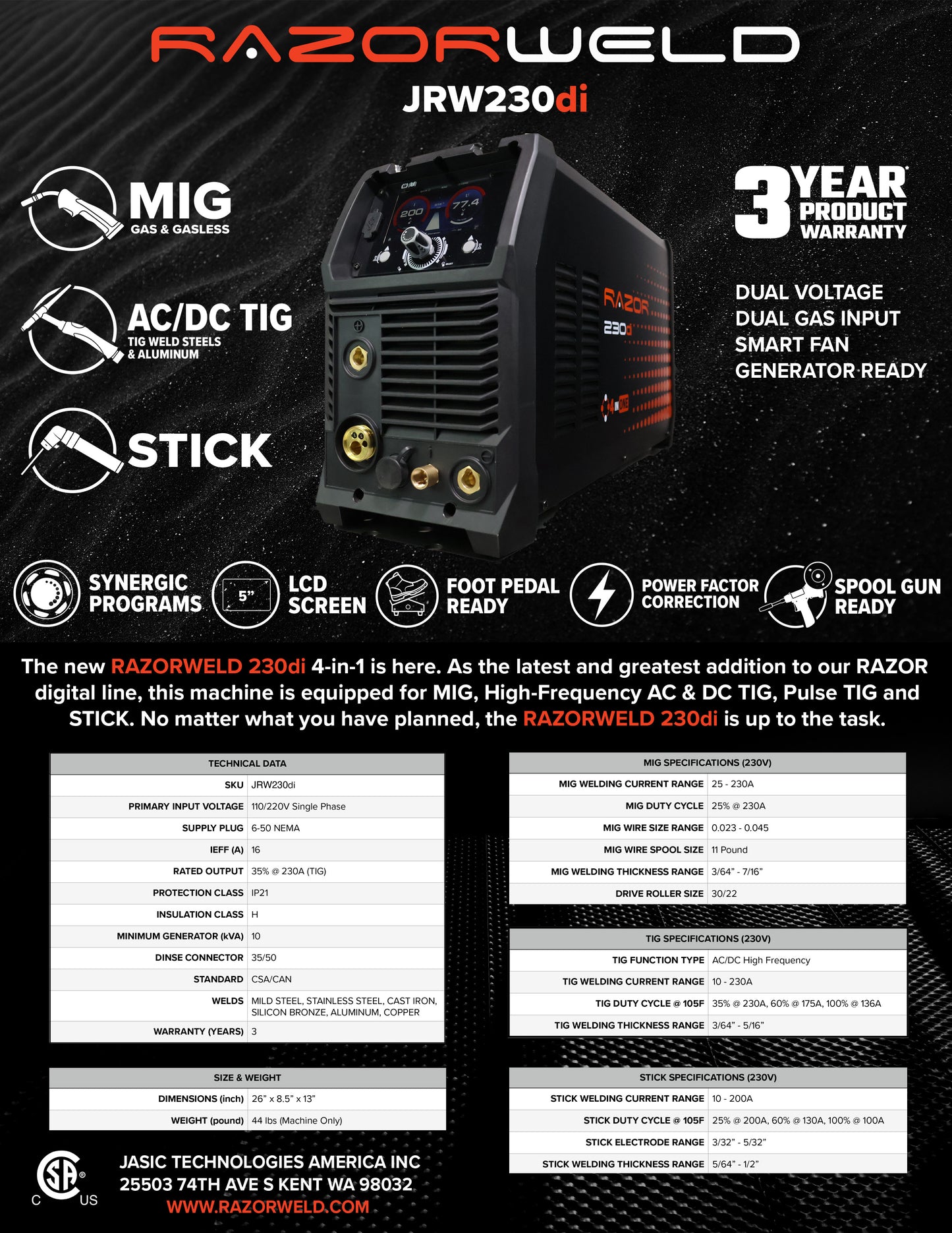 RAZORWELD 230DI Digital (PFC) Welder (Including Foot Control)