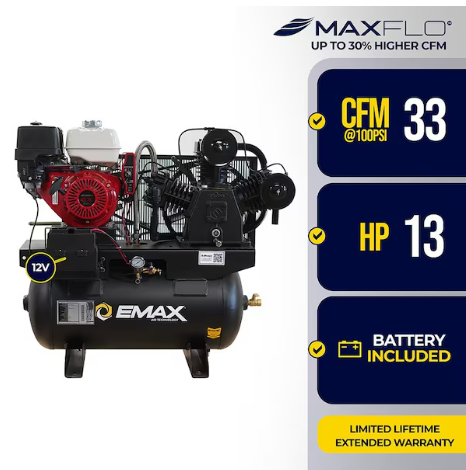 EMAX 26 CFM 30 Gallon Horizontal Air Compressor with 13HP Honda Gas Engine