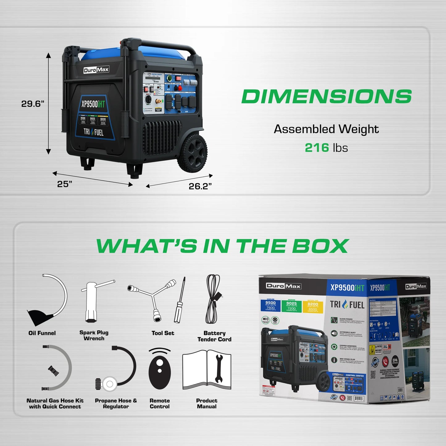DuroMax 9,500 Watt Portable Tri Fuel Inverter Generator - Quiet, Low THD
