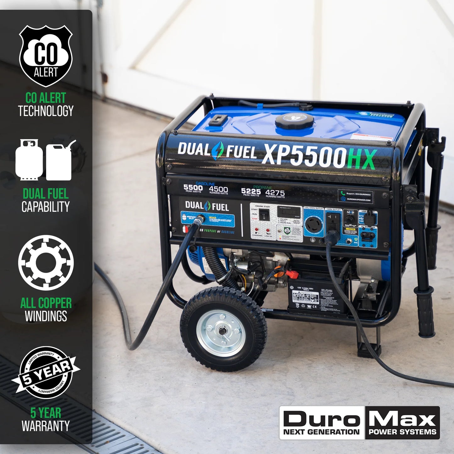 5,500 Watt Dual Fuel Portable HX Generator w/ CO Alert