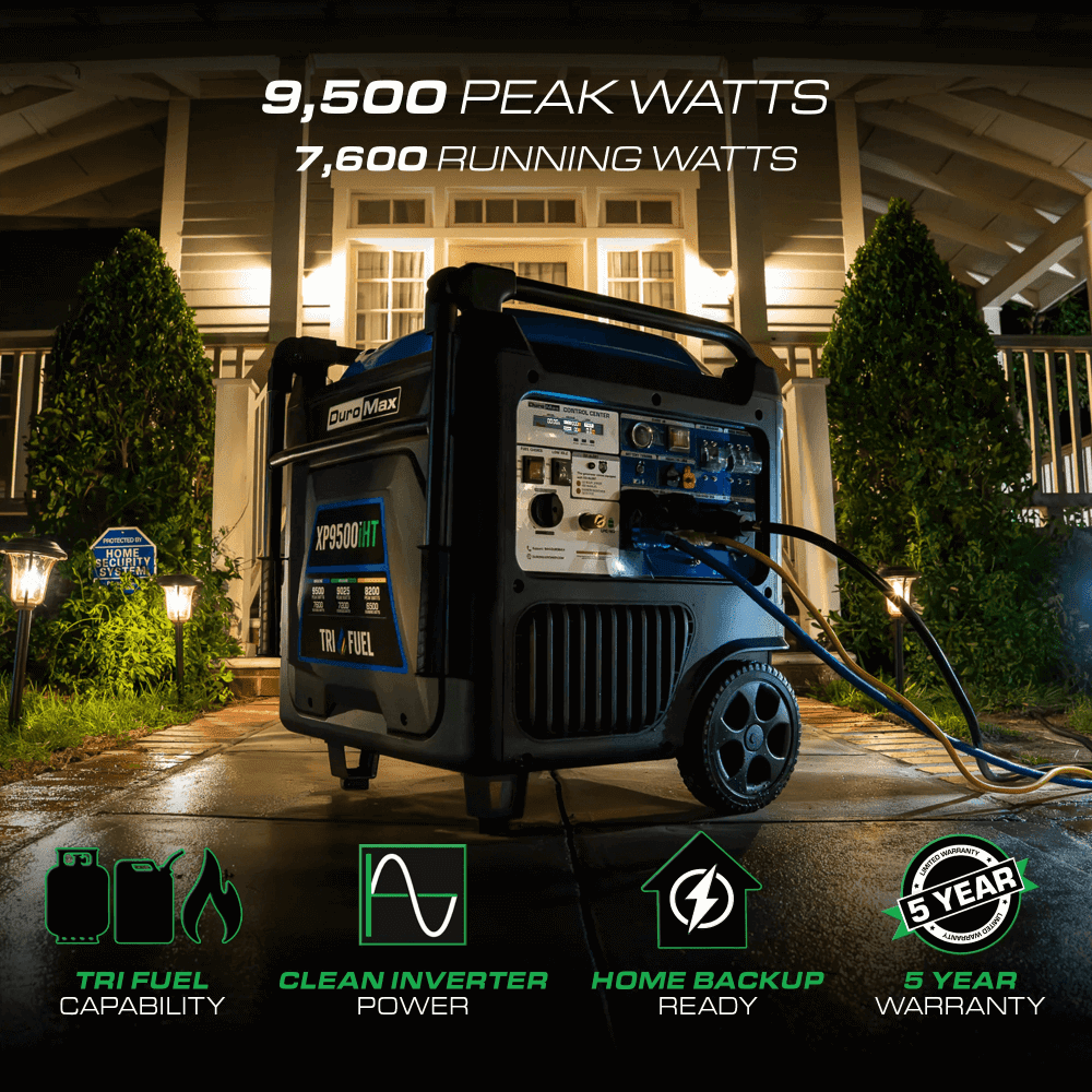 DuroMax 9,500 Watt Portable Tri Fuel Inverter Generator - Quiet, Low THD